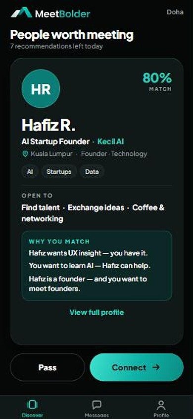 Discover card for an AI startup founder with an 80% match and the reasons why you match