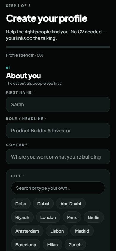 MeetBolder profile setup screen with role, company and city fields